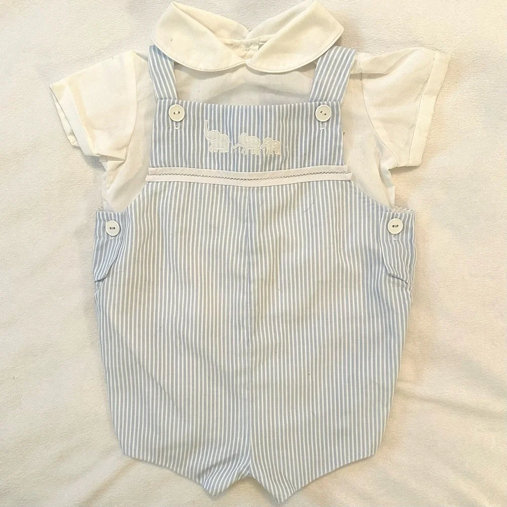 Vintage Baby Togs Boys Blue White Striped Elephants Shortall Romper 6-9M